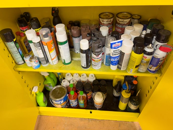 Cabinet with paint, gas cans, cleaners, etc.