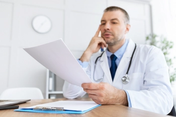 Doctor is reading a document