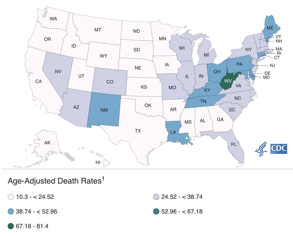 Drug overdose mortality by state - CDC.gov map