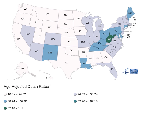 Drug overdose mortality by state - CDC.gov map