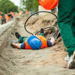 Work accident, worker laying in a ditch