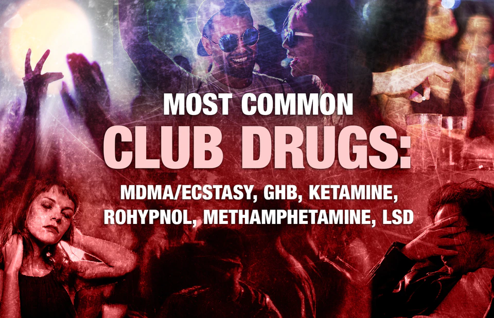 Most common club drugs: MDMA/Ecstasy, GHB, Ketamine, Rohypnol, Methamphetamine, LSD